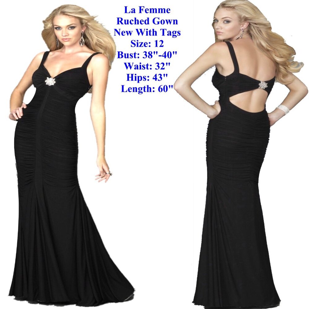 NWT: La Femme Sexy Ruched Black Evening Gown / Formal Long Dress